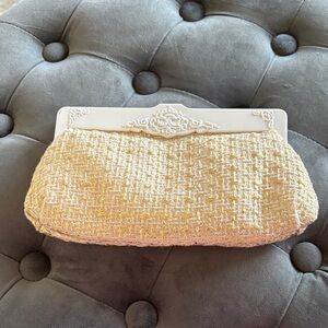 MAC Cosmetics White Silver Tweed Cosmetics Case Holder Bag Purse Clutch EUC